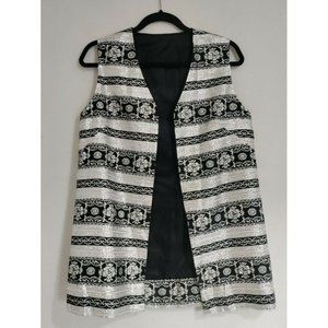 Vtg Hippie Groovy Mod Women's Long Open Vest 60s 70's Black Silver Metallic S/M
